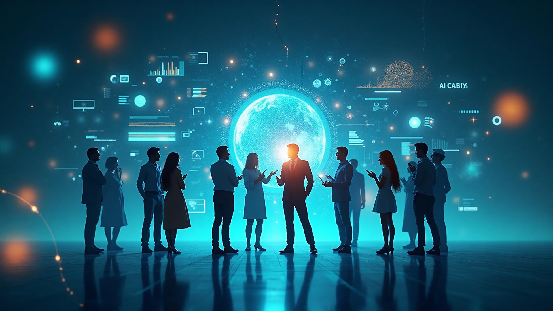 Conceptual illustration of a diverse team collaborating around transparent AI data interfaces — symbolizing innovation and teamwork at Xpdeep