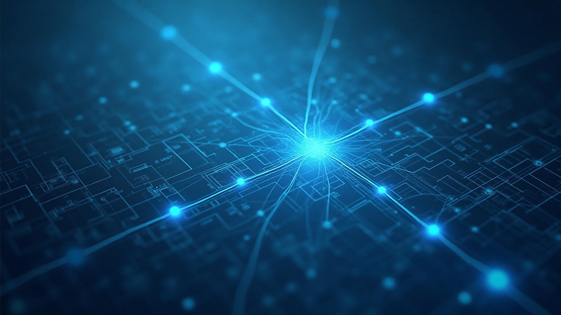 Abstract blueprint morphing into neural network with glowing nodes